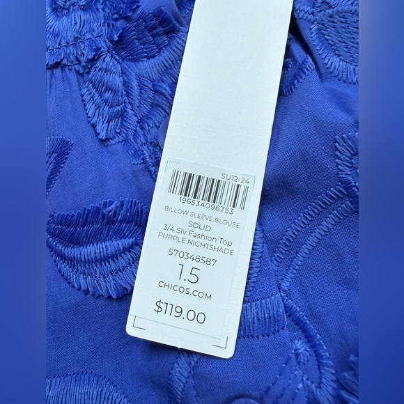 NWT CHICOS Floral Textured Embroidered Button Up Blouse Puff Sleeve Size 10 - Picture 8 of 11